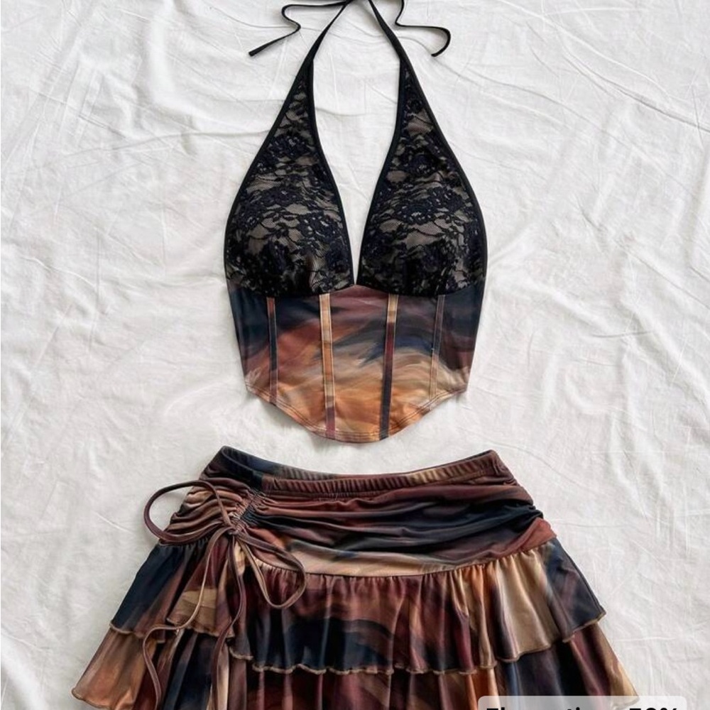 Black and Multicolor Halter Top and Skirt Set